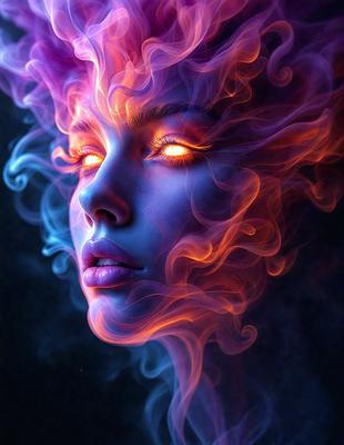 The primary subject of the image is a woman with glowing eyes, which are a striking feature of the scene. The setting is a dark background, which contrasts with the woman's eyes, making them stand out even more. The visual style of the image is a digital art or illustration, as the woman's eyes are depicted with a vibrant, glowing effect. The colors and mood of the image are predominantly dark, with the woman's eyes being the main source of light and energy